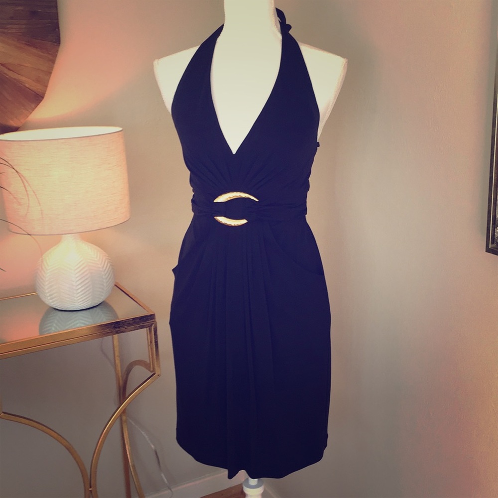 NWOT, XS, BCBG Black halter dress with gold accent